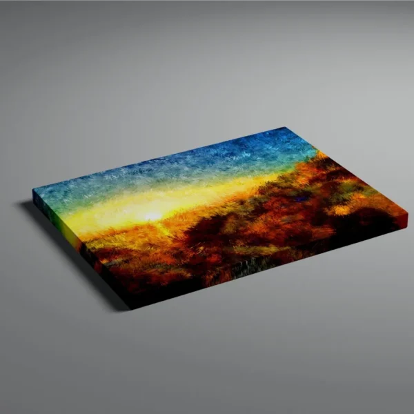 Gallery wraps abstract wall art canvas painting of a sunlit field with rich, textured brushstrokes, featuring warm yellows, oranges, and blues.