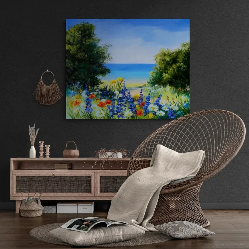 A vibrant painting titled "Tranquil-seascape-with-wild-flowers " showing a field of wildflowers with a path leading to a blue ocean and beach, displayed as nature wall art.