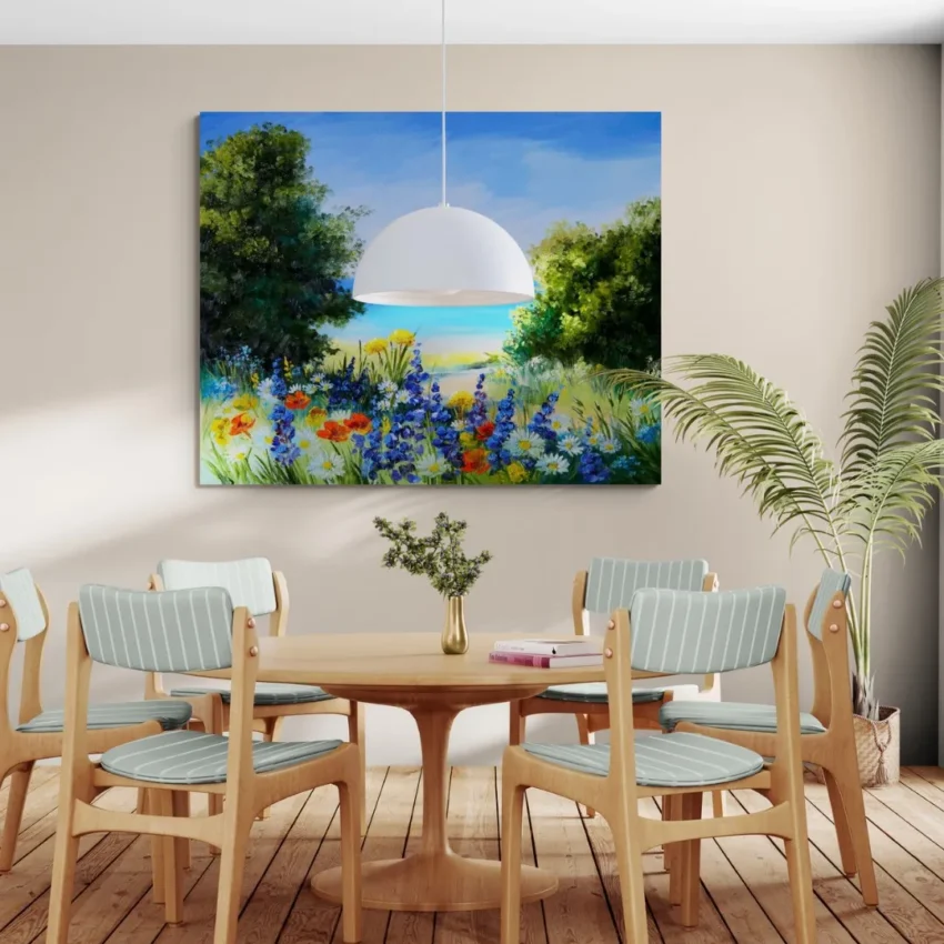 A vibrant painting titled "Tranquil-seascape-with-wild-flowers " showing a field of wildflowers with a path leading to a blue ocean and beach, displayed as nature wall art.