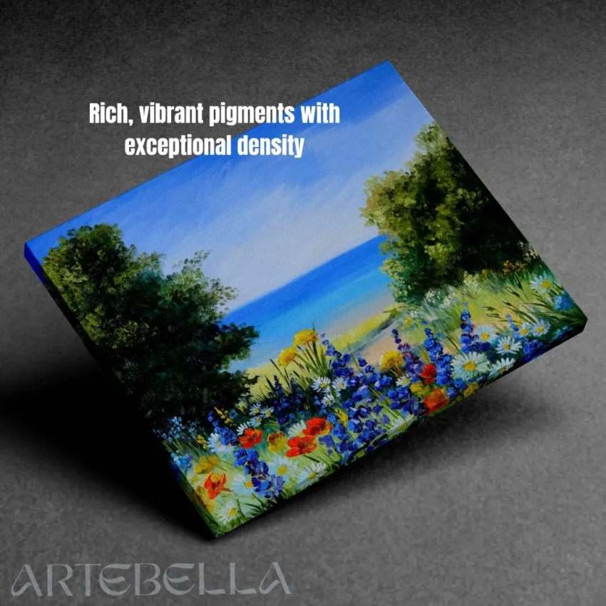 A vibrant painting titled "Tranquil-seascape-with-wild-flowers " showing a field of wildflowers with a path leading to a blue ocean and beach, displayed as nature wall art.