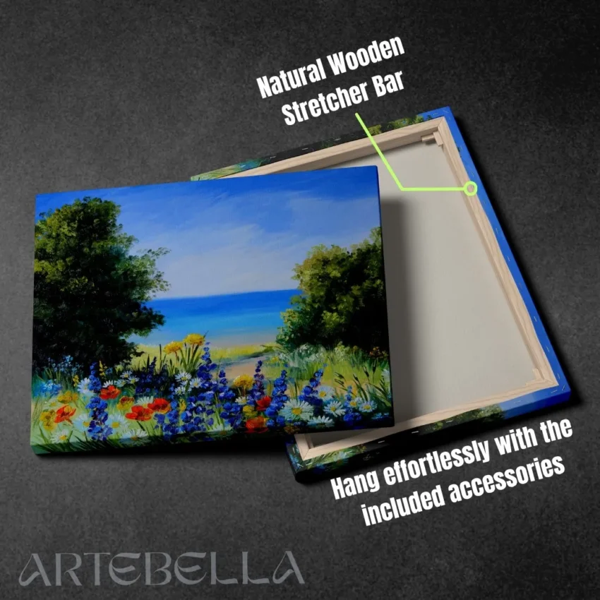 A vibrant painting titled "Tranquil-seascape-with-wild-flowers " showing a field of wildflowers with a path leading to a blue ocean and beach, displayed as nature wall art.