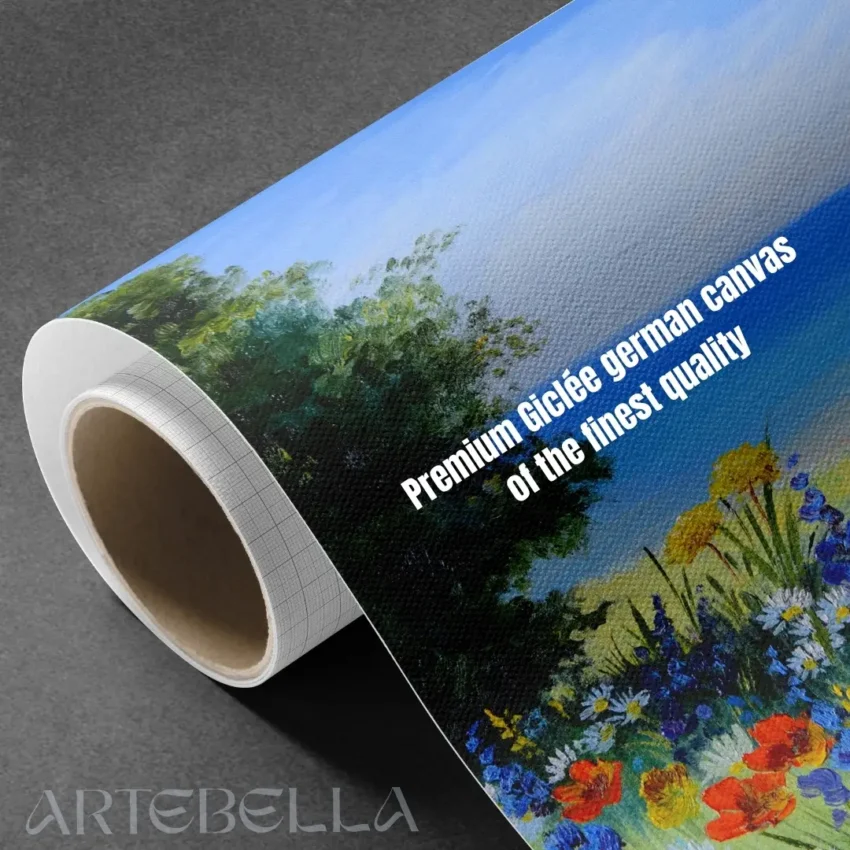 A vibrant painting titled "Tranquil-seascape-with-wild-flowers " showing a field of wildflowers with a path leading to a blue ocean and beach, displayed as nature wall art.