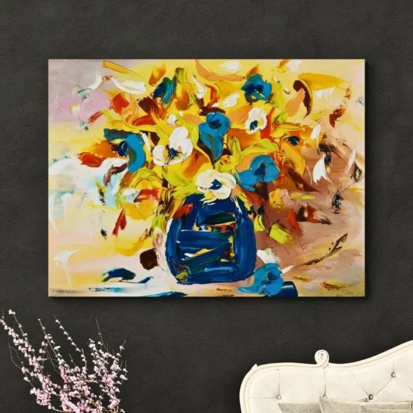 A modern, expressive painting titled "Colourful Harmony" of a vibrant bouquet painting with lively brushstrokes, showing red, orange flowers in a bold blue vase, displayed as wall art.