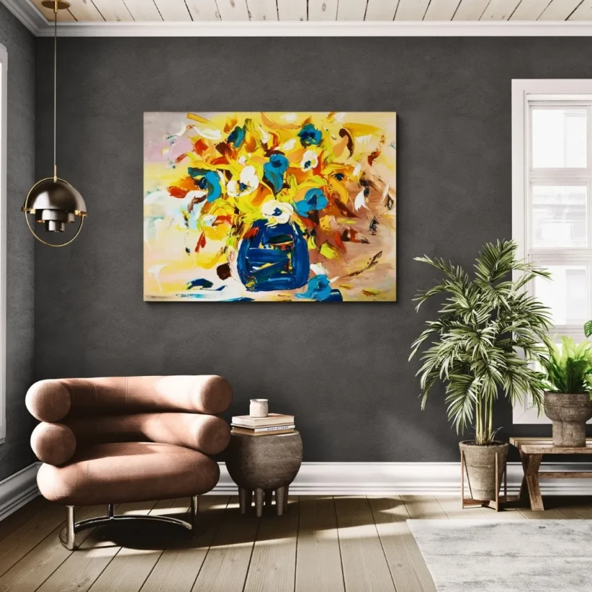 A modern, expressive painting titled "Colourful Harmony" of a vibrant bouquet painting with lively brushstrokes, showing red, orange flowers in a bold blue vase, displayed as wall art.