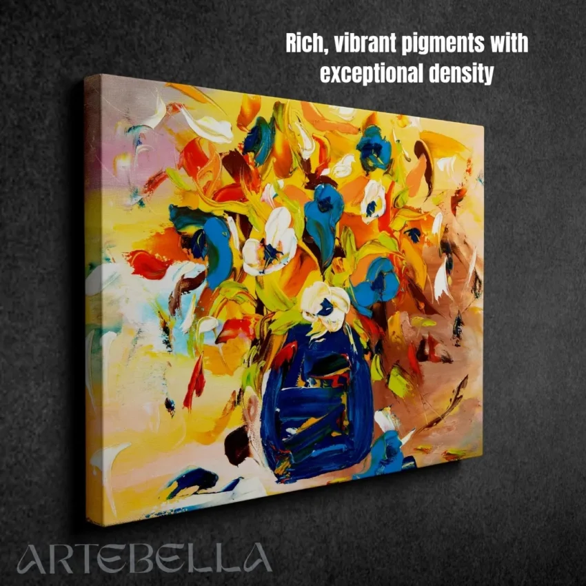 A modern, expressive painting titled "Colourful Harmony" of a vibrant bouquet painting with lively brushstrokes, showing red, orange flowers in a bold blue vase, displayed as wall art.