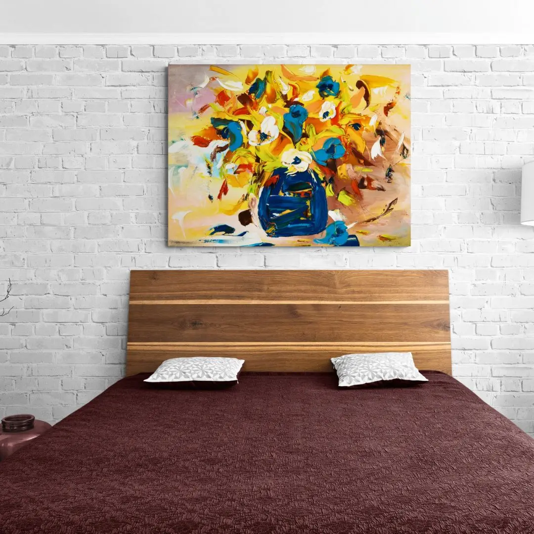 Colourful Harmony-Vibrant Bouquet in Blue Vase: Abstract floral Canvas Painting Gallery Wrap Wall Décor