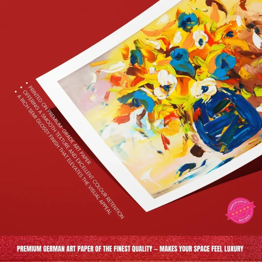 A modern, expressive painting titled "Colourful Harmony" of a vibrant bouquet painting with lively brushstrokes, showing red, orange flowers in a bold blue vase, displayed as framed wall art.