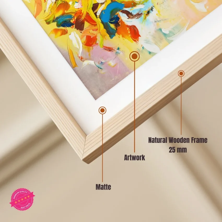 A modern, expressive painting titled "Colourful Harmony" of a vibrant bouquet painting with lively brushstrokes, showing red, orange flowers in a bold blue vase, displayed as framed wall art.