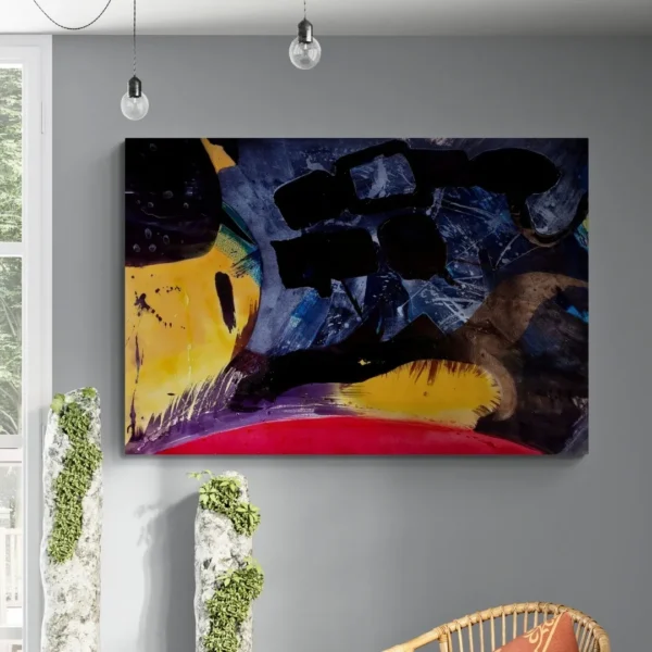 An abstract painting canvas wall art titled "Vibrant Harmony of Colours" featuring a dynamic blend of yellow, blue, red, and black with thick, expressive brushstrokes.