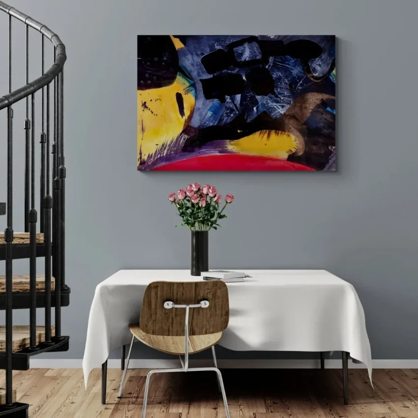 An abstract painting canvas wall art titled "Vibrant Harmony of Colours" featuring a dynamic blend of yellow, blue, red, and black with thick, expressive brushstrokes.