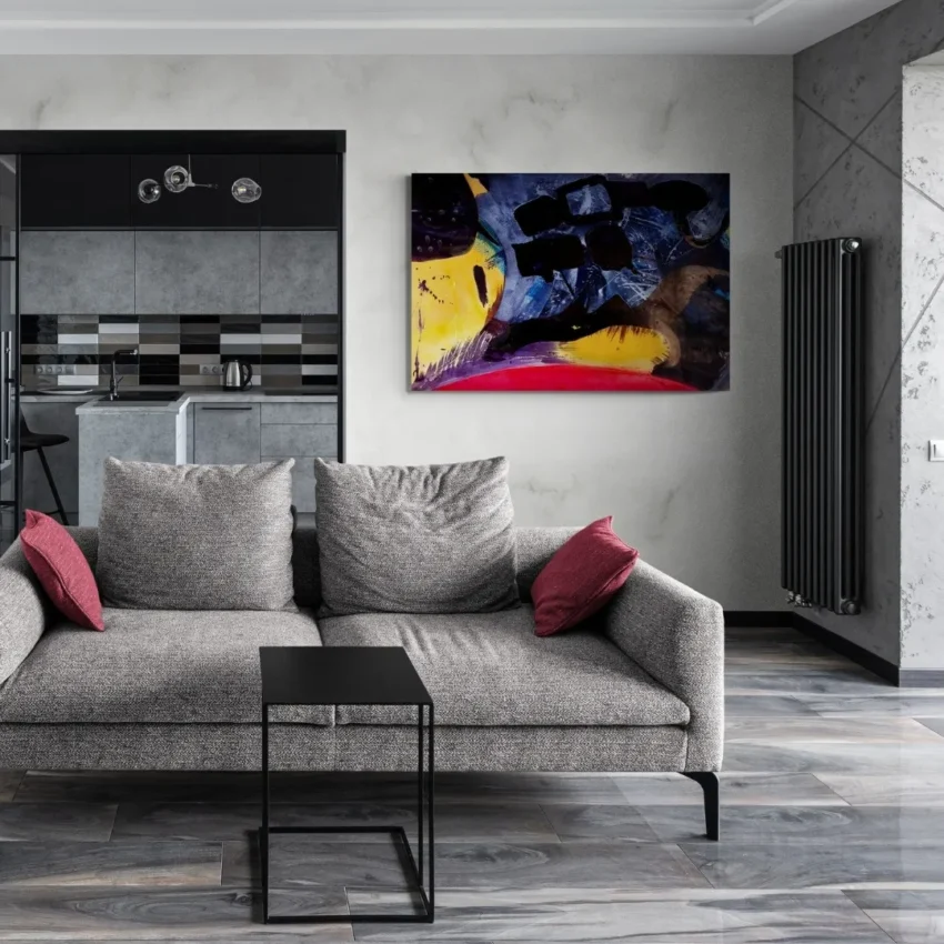An abstract painting canvas wall art titled "Vibrant Harmony of Colours" featuring a dynamic blend of yellow, blue, red, and black with thick, expressive brushstrokes.