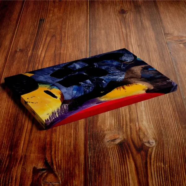 An abstract painting canvas wall art titled "Vibrant Harmony of Colours" featuring a dynamic blend of yellow, blue, red, and black with thick, expressive brushstrokes.