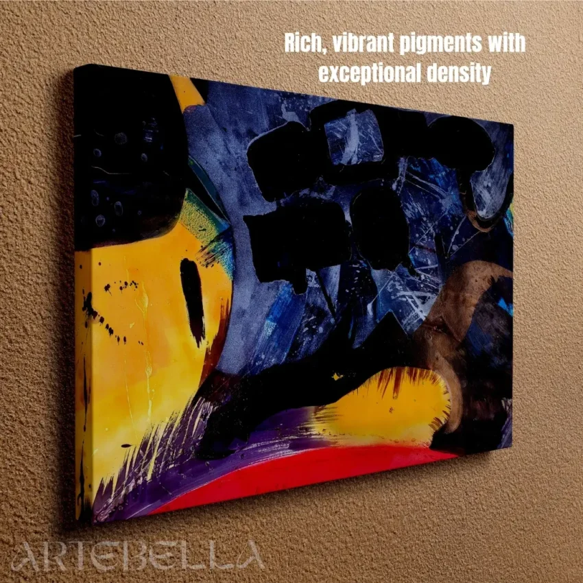 An abstract painting canvas wall art titled "Vibrant Harmony of Colours" featuring a dynamic blend of yellow, blue, red, and black with thick, expressive brushstrokes.