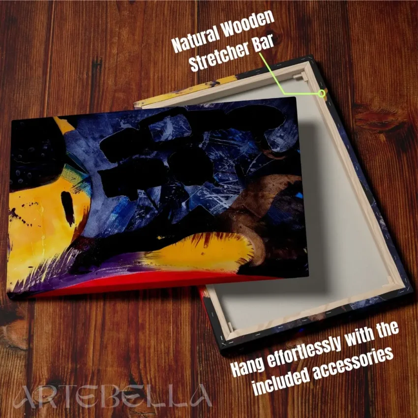An abstract painting canvas wall art titled "Vibrant Harmony of Colours" featuring a dynamic blend of yellow, blue, red, and black with thick, expressive brushstrokes.