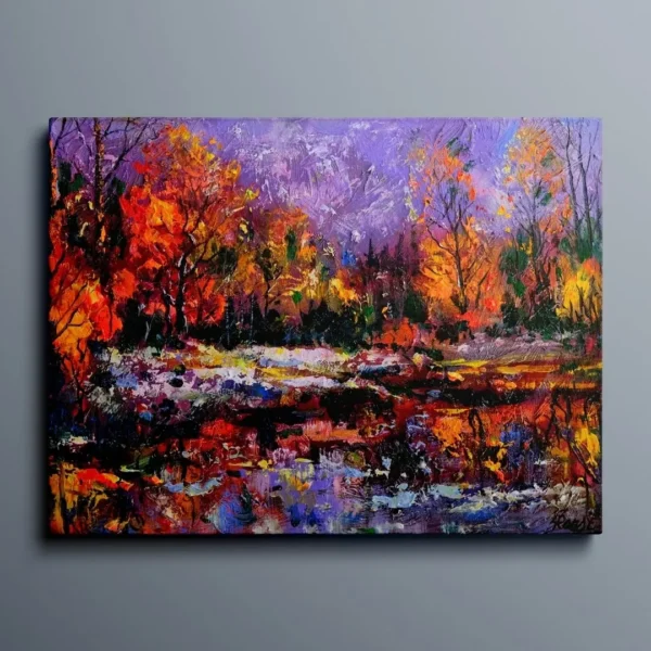 Serene Reflections – Abstract Autumn Landscape Canvas Art: Nature Canvas Gallery Wrapped Wall Décor