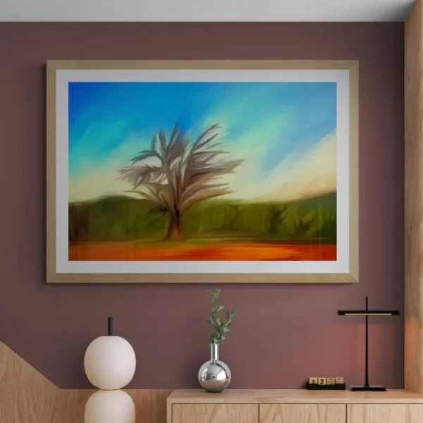 Solitary Grace - A Bold Tree in Vibrant Landscape: Modern Painting Standard Frame Wall Décor
