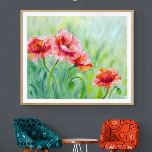 Vibrant Poppies – Dreamy Nature Canvas Painting: Standard Framed Wall Art Décor