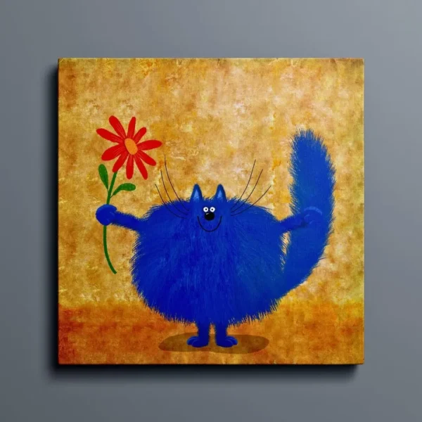 Whimsical Blue Cat with Flower - Playful Wall Art:  Modern Canvas Painting Gallery Wrap Wall Décor