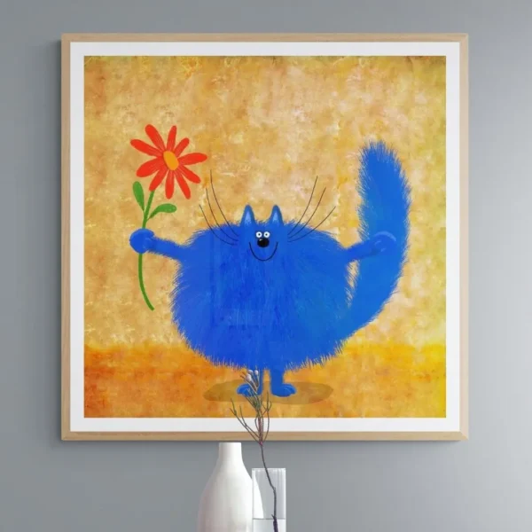 Whimsical Blue Cat with Flower - Playful Wall Art:  Modern Painting Standard Frame Wall Décor